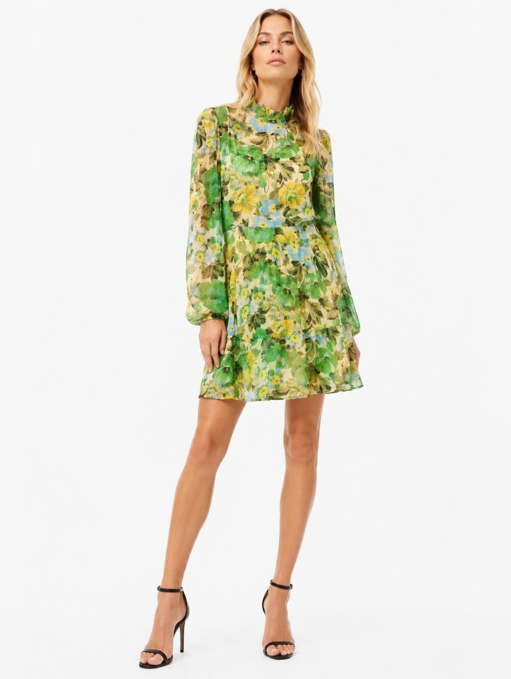 Vestique Size M Green Floral Long-Sleeve Ruffle-Hem Mini Cocktail Dress